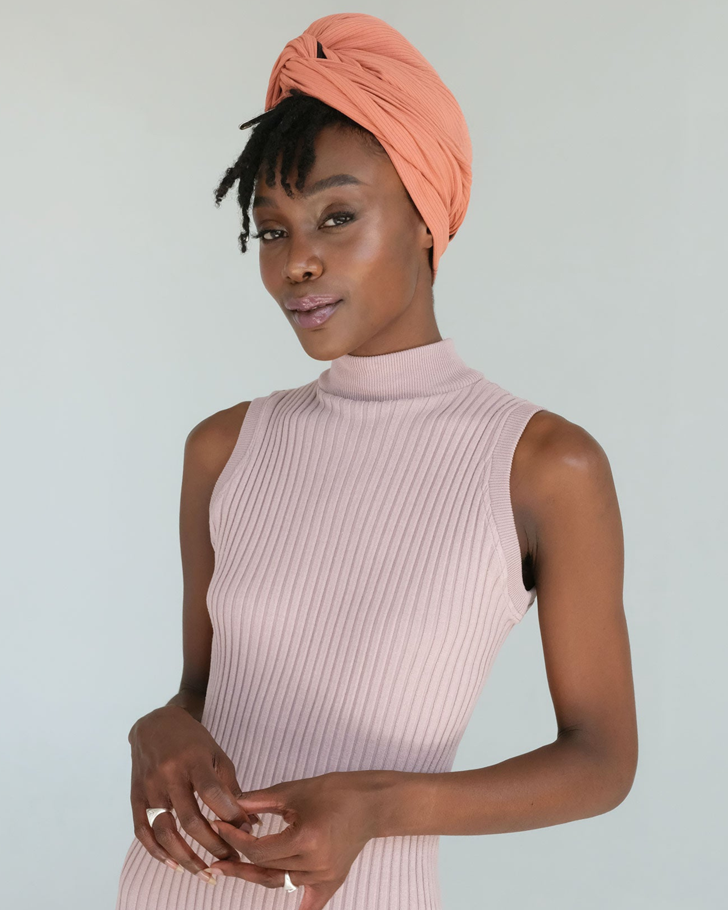 Ribbed Satin Lined Turban in Adobe