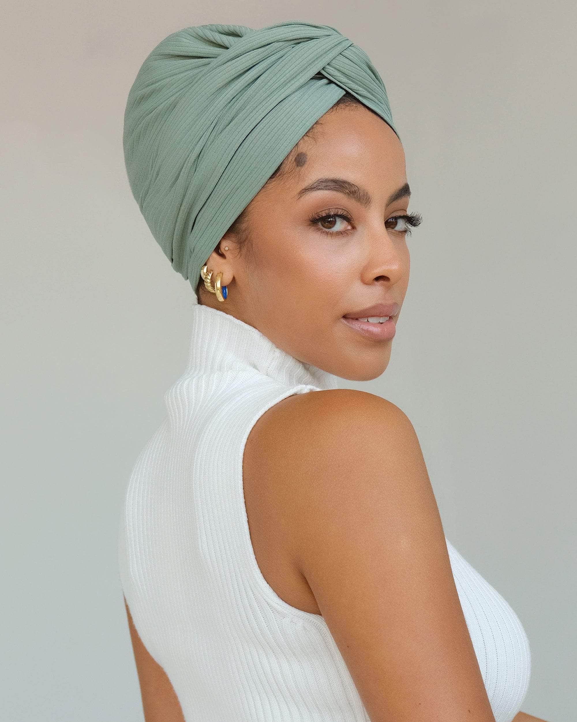 The Wrap Life Ribbed Satin Lined Turban in Sage Green Turban