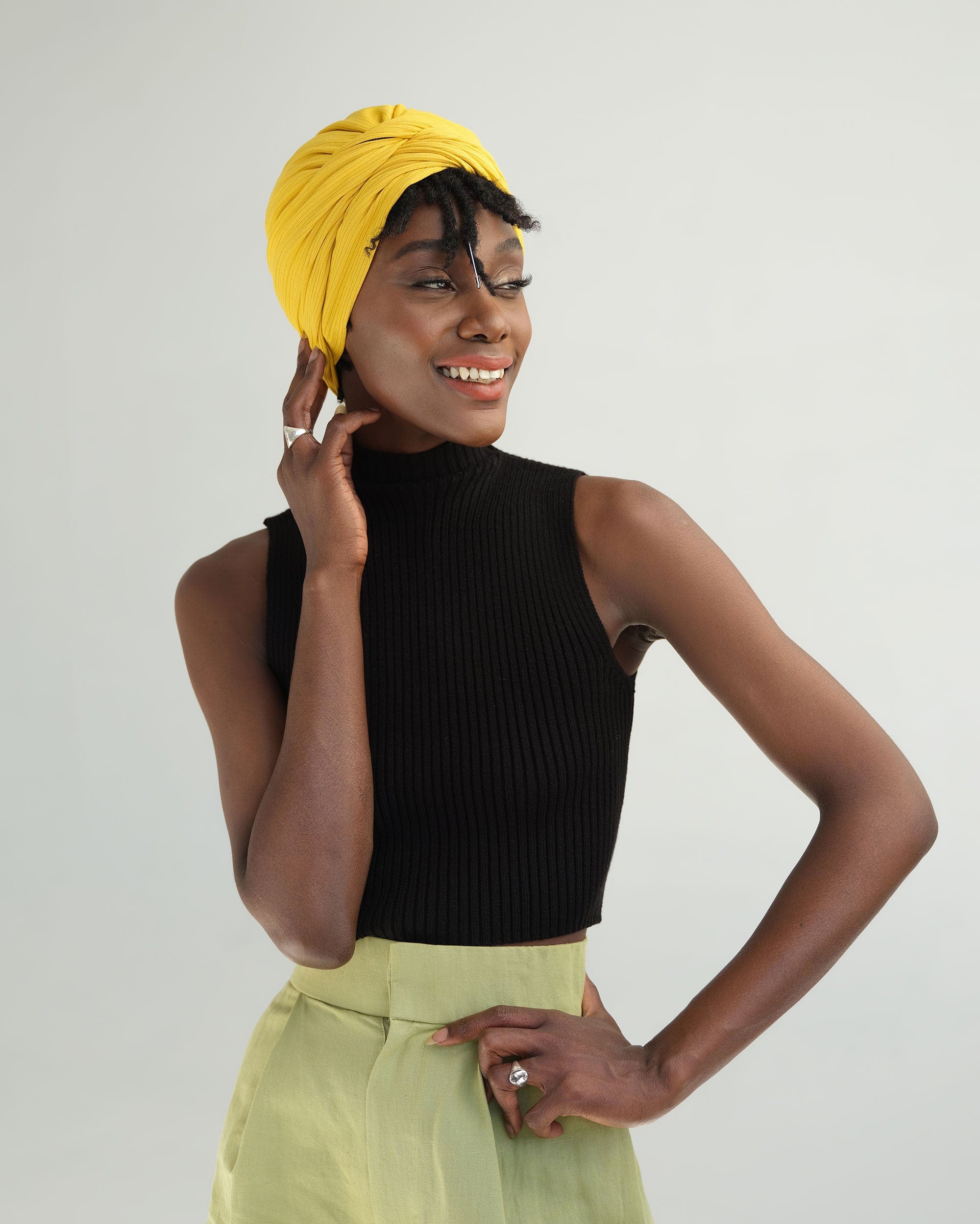 The Wrap Life Ribbed Satin Lined Turban in Marigold Yellow Turban