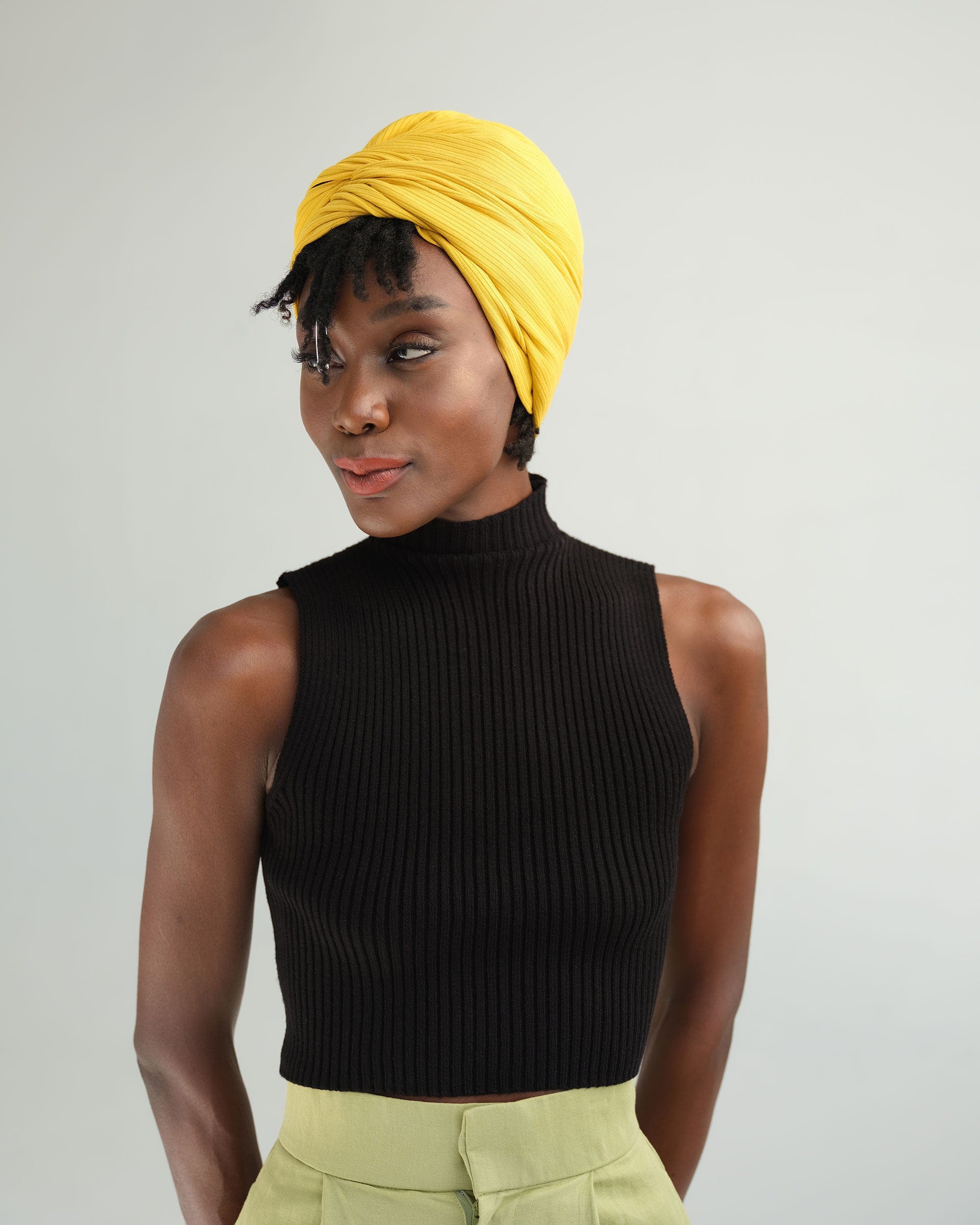 The Wrap Life Ribbed Satin Lined Turban in Marigold Yellow Turban