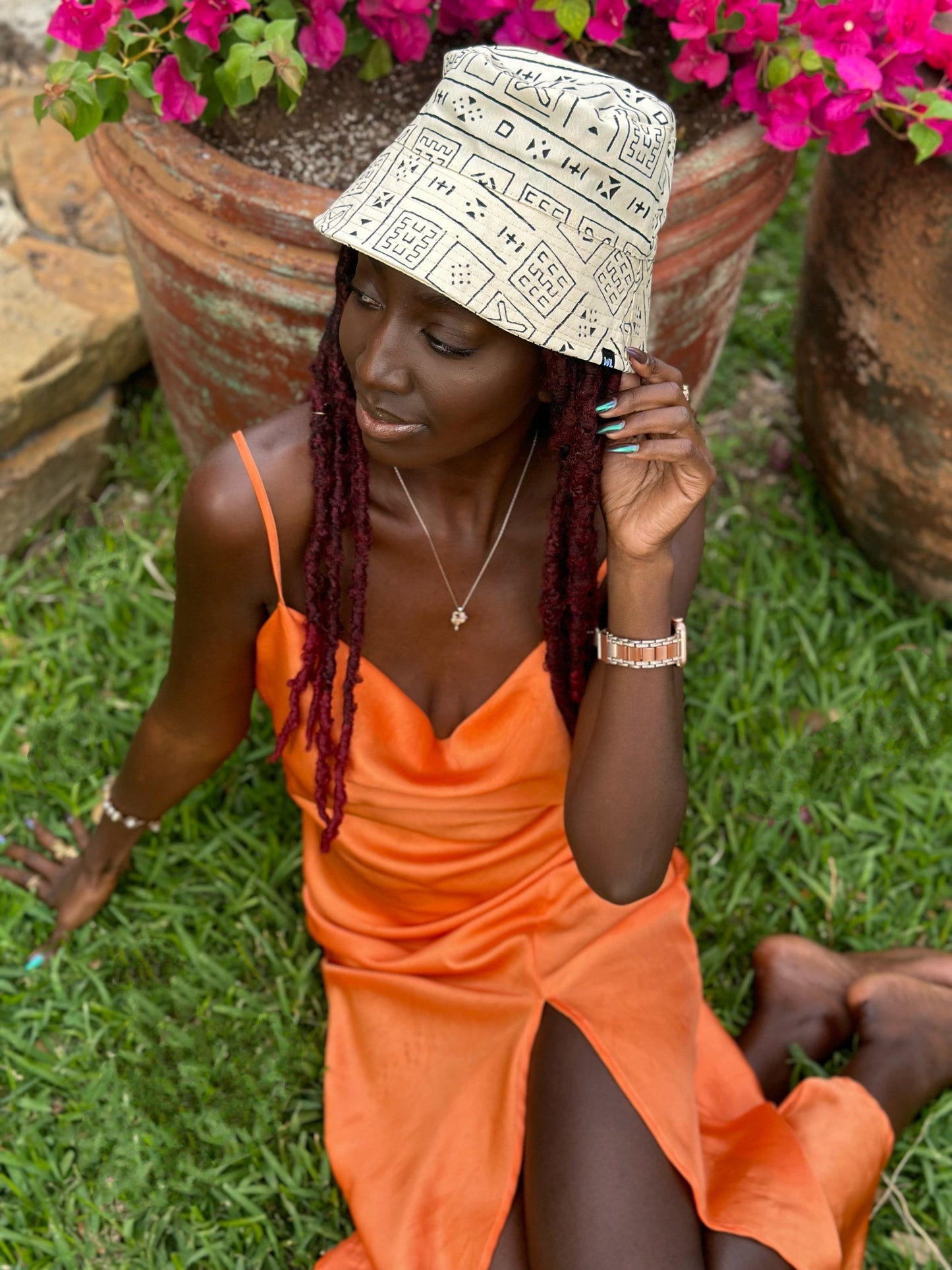 The Wrap Life Satin Lined Printed Bucket Hat in Sand White Hat