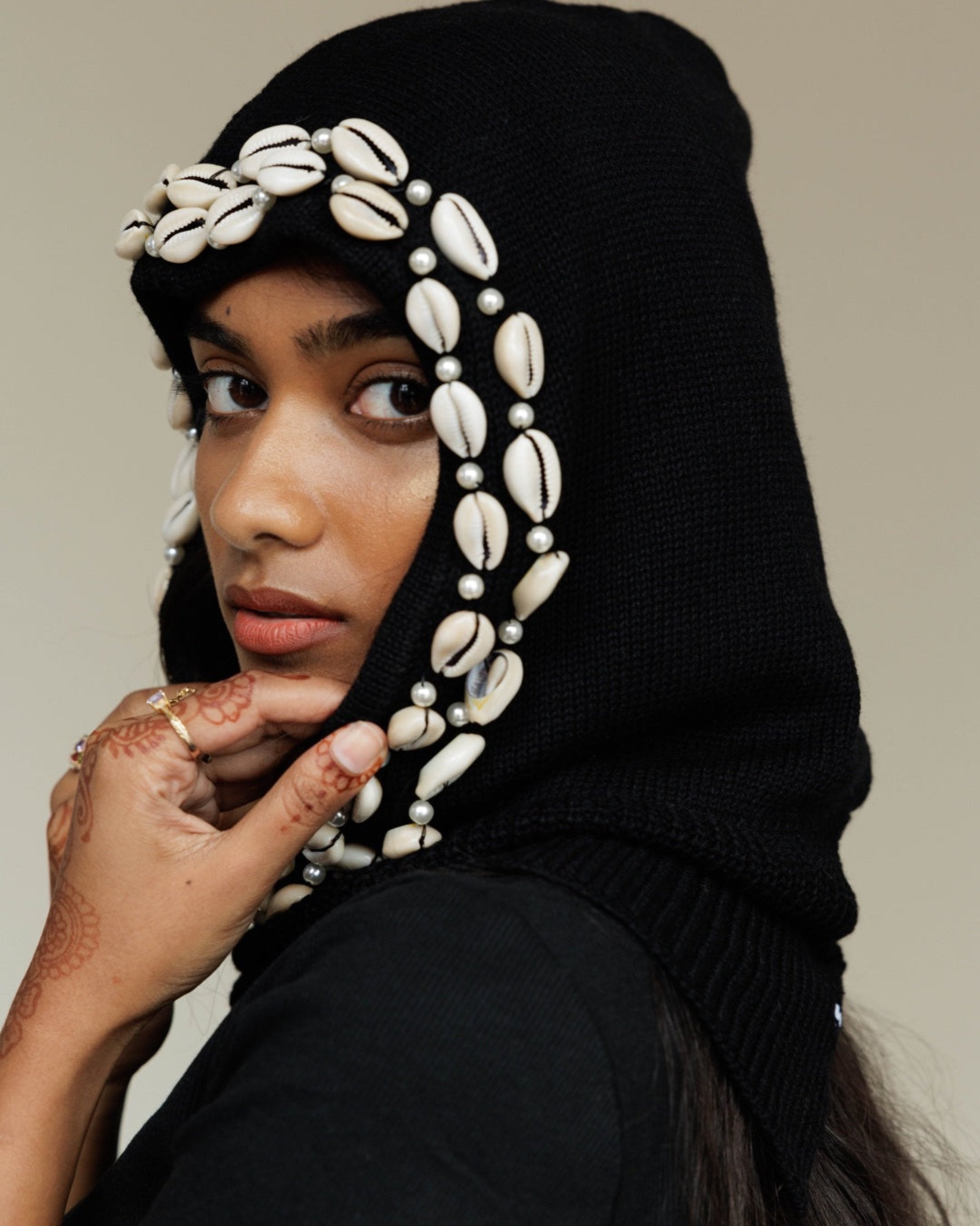 Satin Lined Cowrie Shell Balaclava in Black