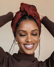 Printed Pleated Head Wrap in Mahogany