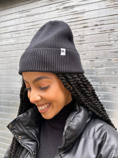 The Wrap Life Cuffed Satin Lined Beanie in Black Black Hat
