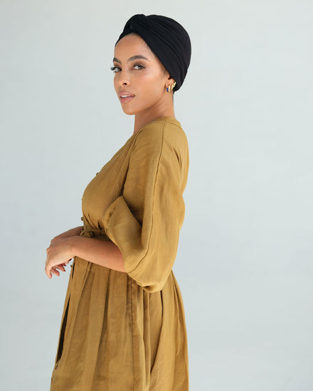 The Wrap Life Ribbed Satin Lined Turban in Jet Black Black Turban