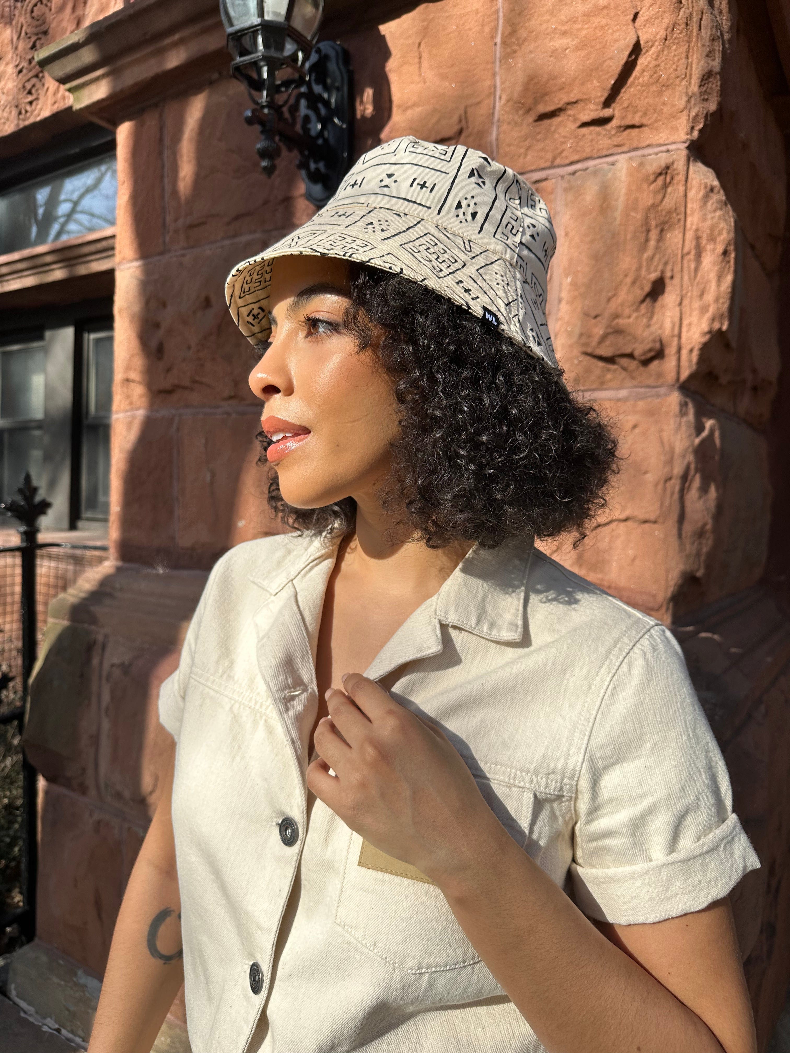 The Wrap Life Satin Lined Printed Bucket Hat in Sand White Hat