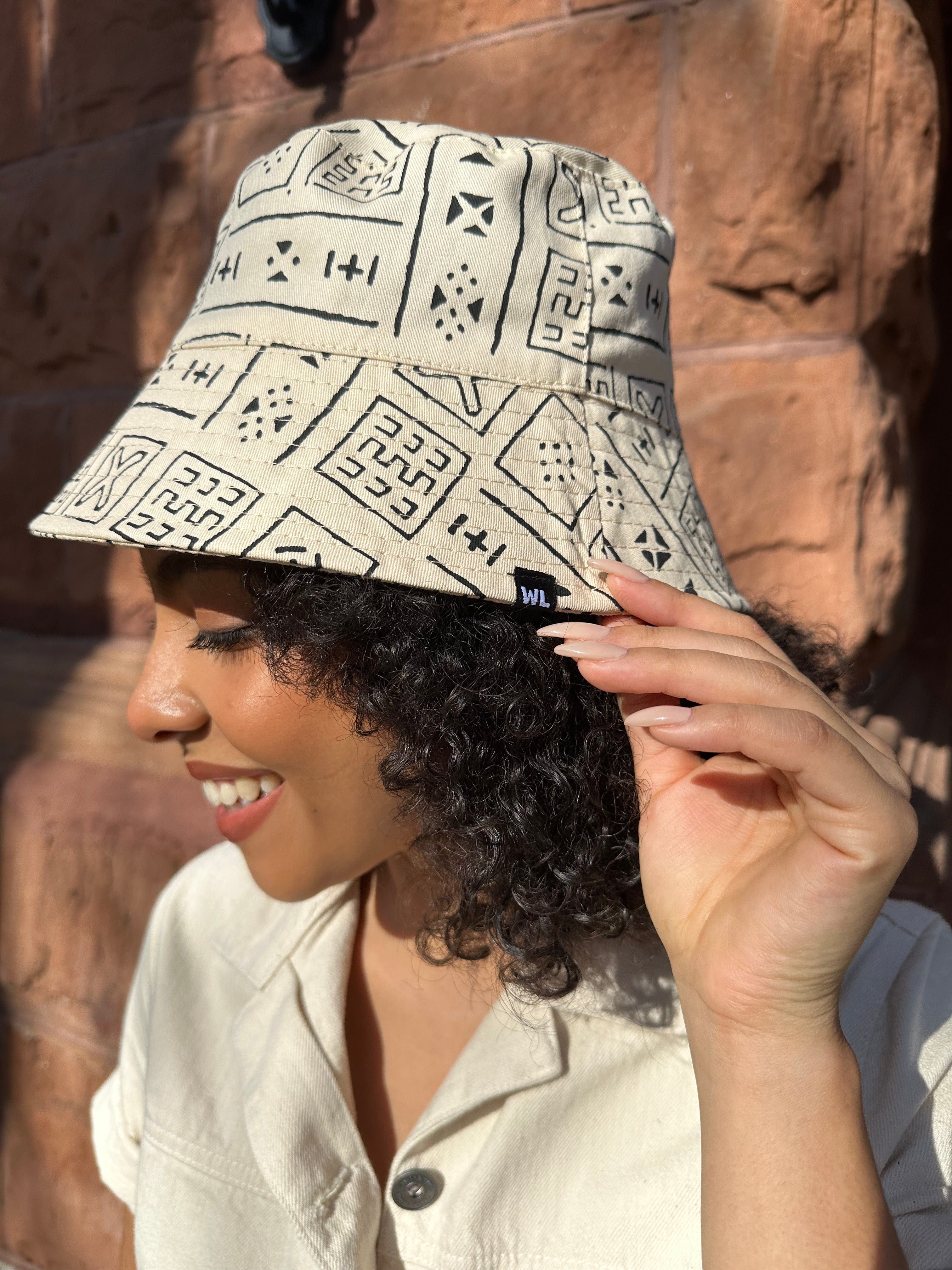 The Wrap Life Satin Lined Printed Bucket Hat in Sand White Hat